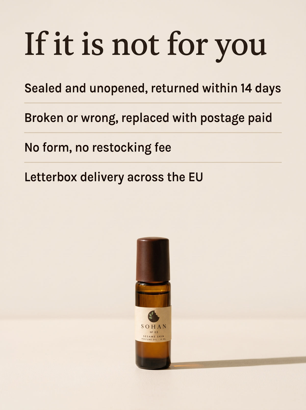 A small amber glass roller bottle with a dark brown cap and a cream label reading NOUAN is centered on a warm beige background. Large black text at the top lists shipping and return policies for the product.