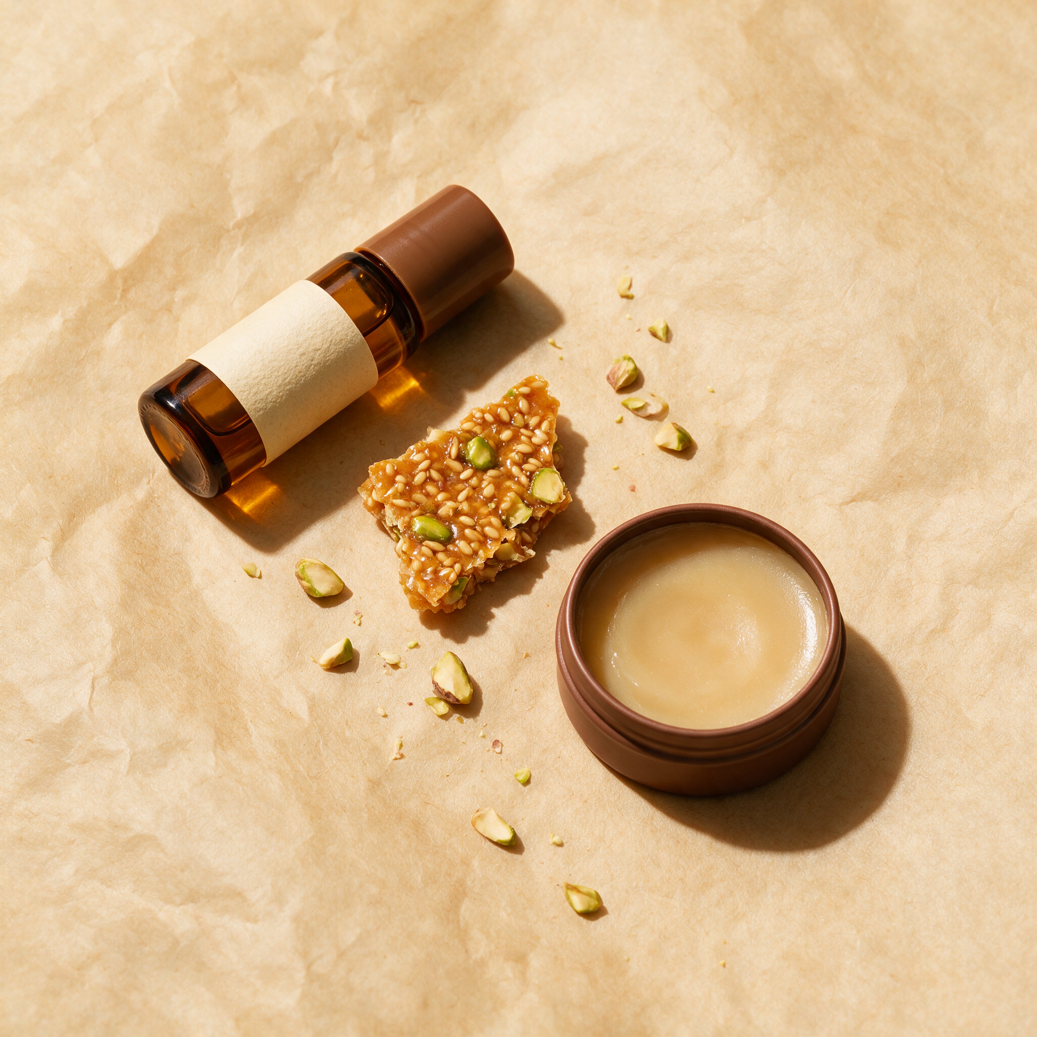 SOHAN roll-on, balm tin and a snapped shard of brittle laid out on parchment