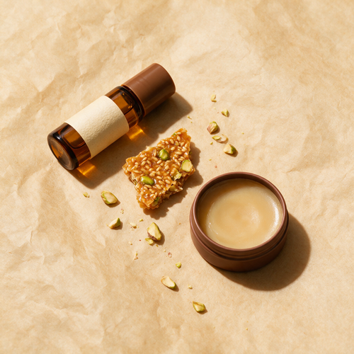 SOHAN roll-on, open balm tin and a snapped shard of sesame pistachio brittle on parchment