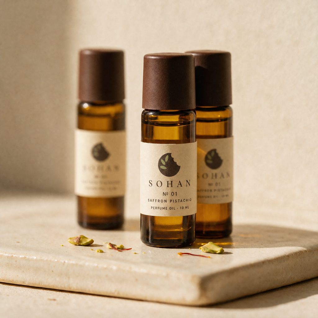 Three SOHAN № 01 roll-on bottles in a row on unglazed cream ceramic
