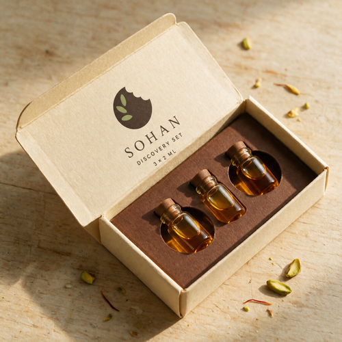 SOHAN discovery set, open cream box with three 2 ml amber glass vials