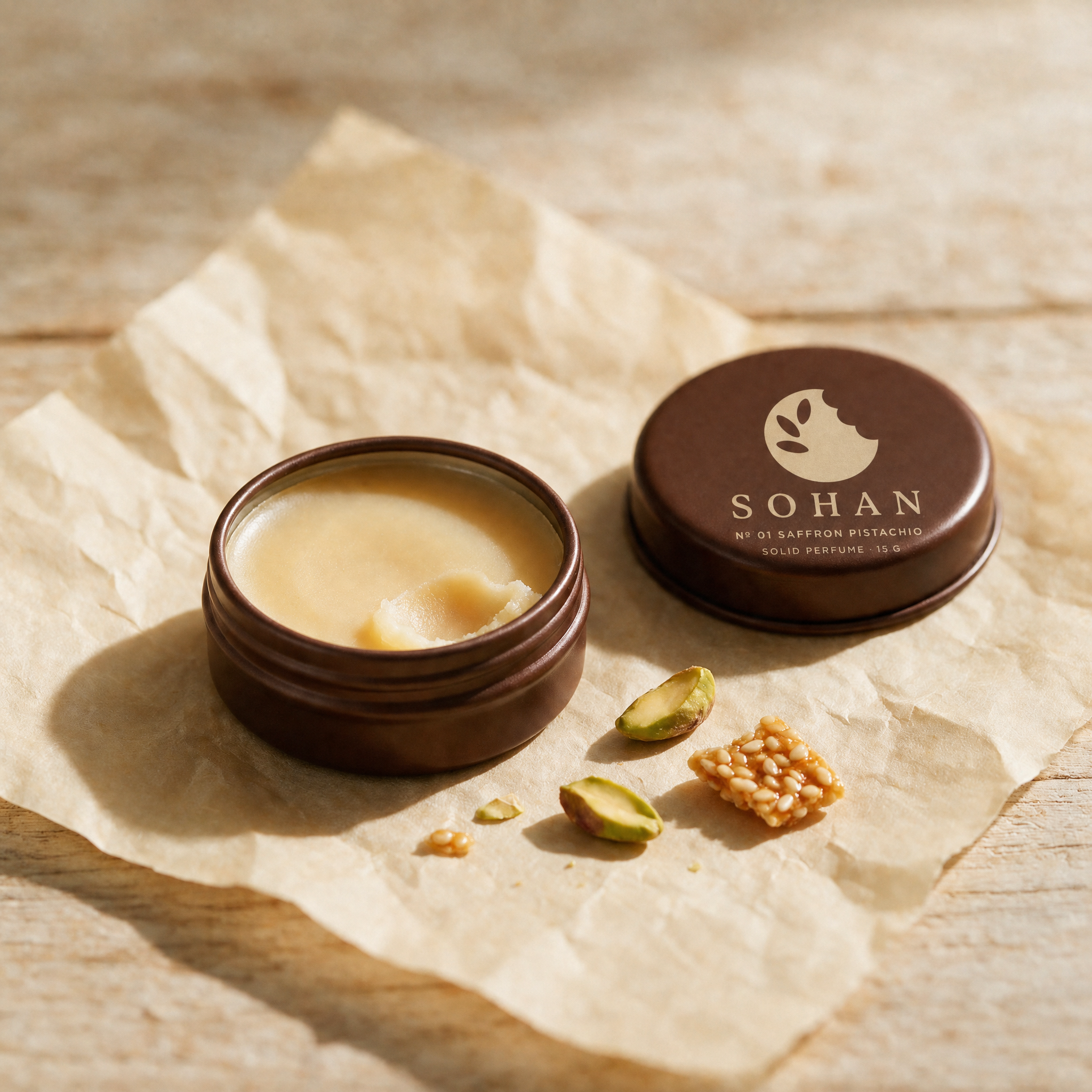SOHAN № 01 solid perfume balm, open 15 g tin with printed lid on parchment