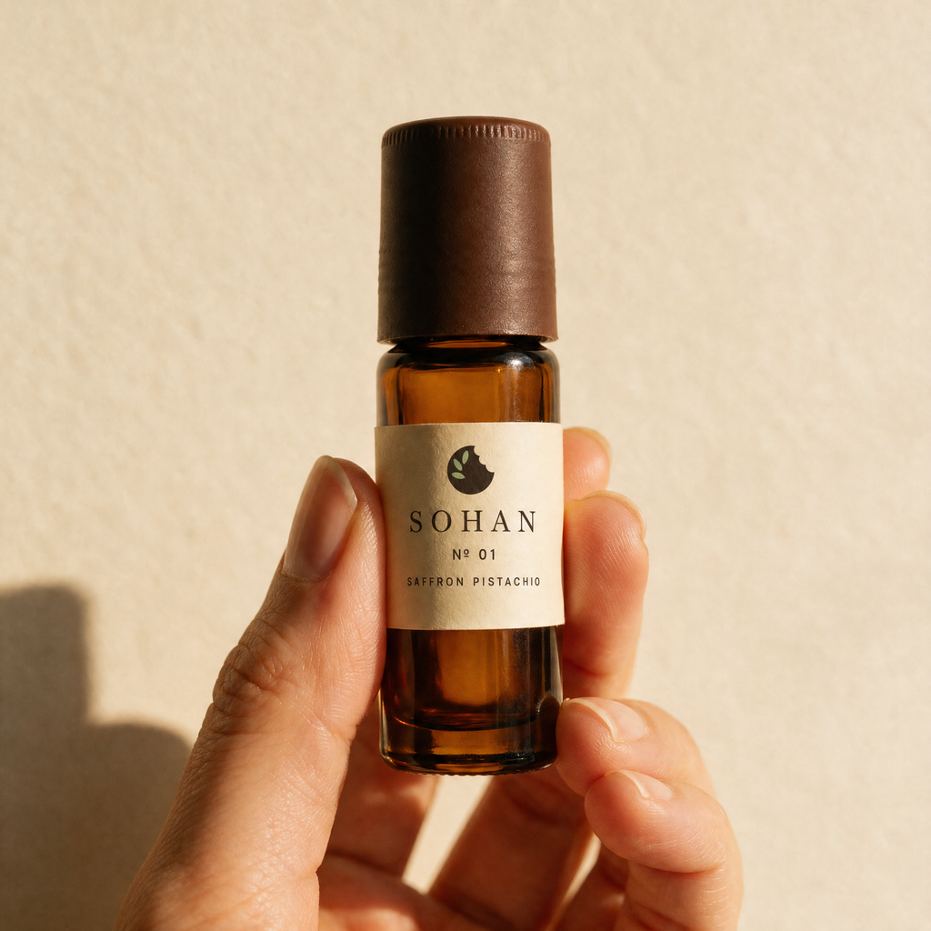 SOHAN № 01 held between two fingers, showing the 10 ml bottle is pocket-sized